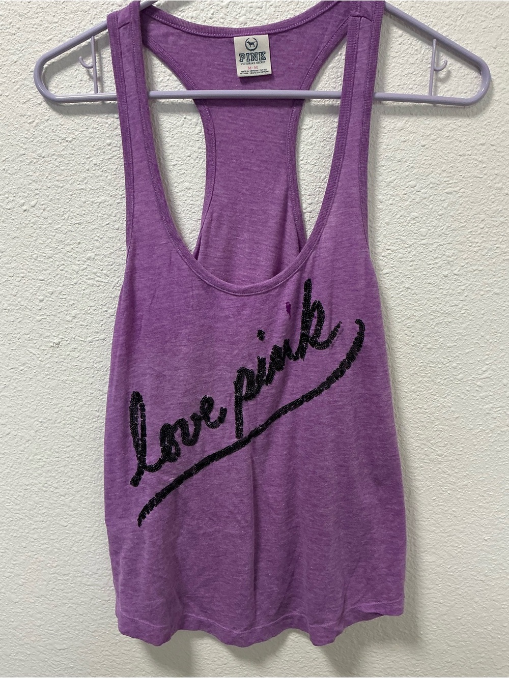 Victoria's Secret PINK Purple Racerback Tank with Black Script size medium